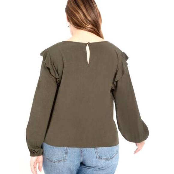 2/$30 ELOQUII Elements Olive Green Ruffle Blouse - Picture 2 of 3